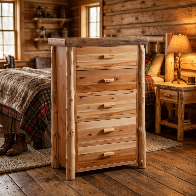 Humboldt Peak Cedar Log Five Drawer Chest staged in a log cabin bedroom beside a plaid bed and lamp-lit nightstand