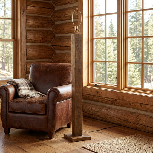 Hunts Peak Reclaimed Barnwood Floor Lamp staged in a sunlit log cabin living room