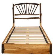 Front view of the Huron Peak Hickory Sunburst Platform Bed with fanned hickory sunburst headboard and hardwood platform base