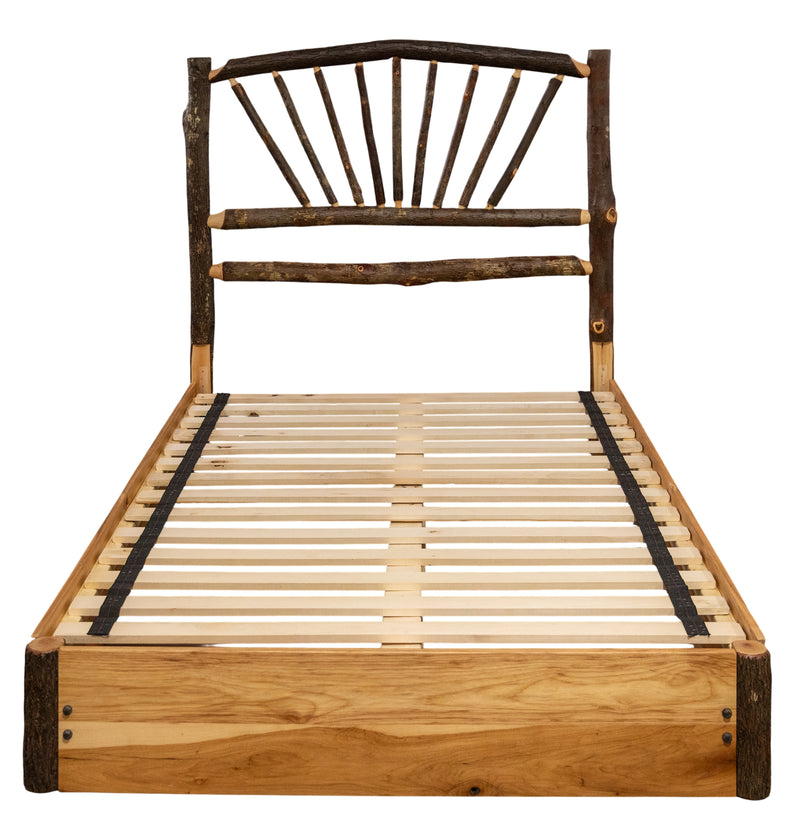 Front view of the Huron Peak Hickory Sunburst Platform Bed with fanned hickory sunburst headboard and hardwood platform base