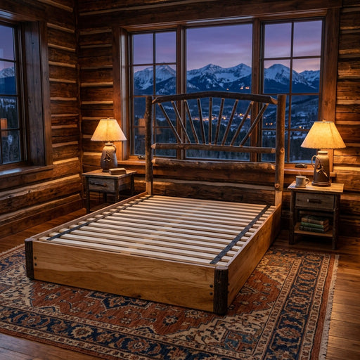 Huron Peak Hickory Sunburst Platform Bed staged in a log cabin bedroom with snowy peaks at dusk and a patterned wool rug
