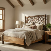 Ice Mountain Hickory Log Twig Bed with Rail System with layered bedding in a cozy bedroom