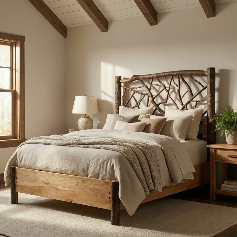 Ice Mountain Hickory Log Twig Bed with Rail System with layered bedding in a cozy bedroom