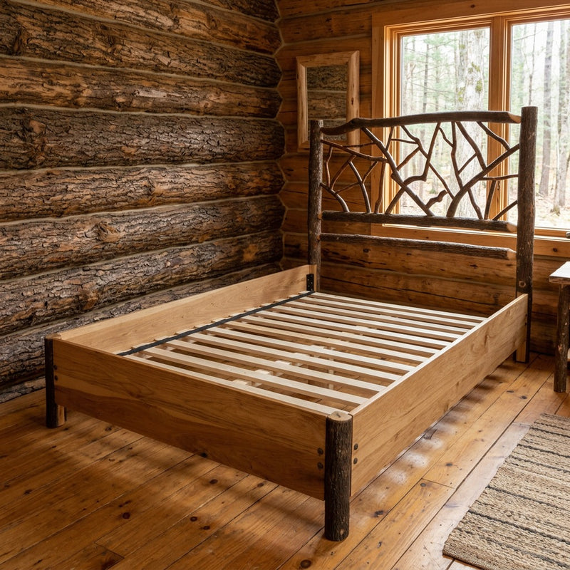 Ice Mountain Hickory Log Twig Bed with Rail System staged in a sunlit log cabin bedroom