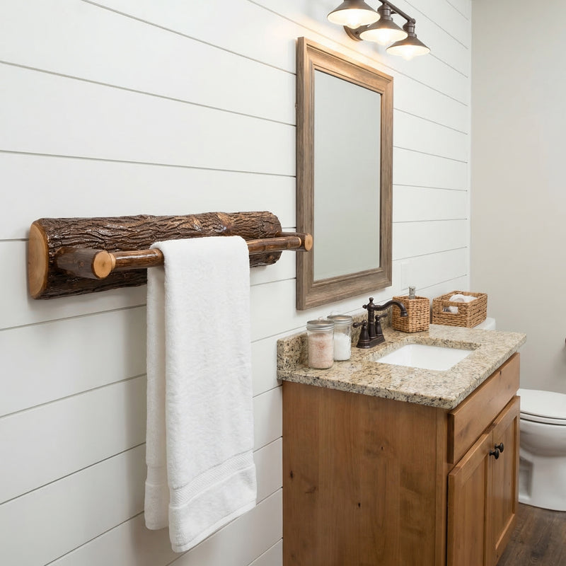 36-inch Independence Mountain Hickory Log Towel Bar in a cabin bathroom