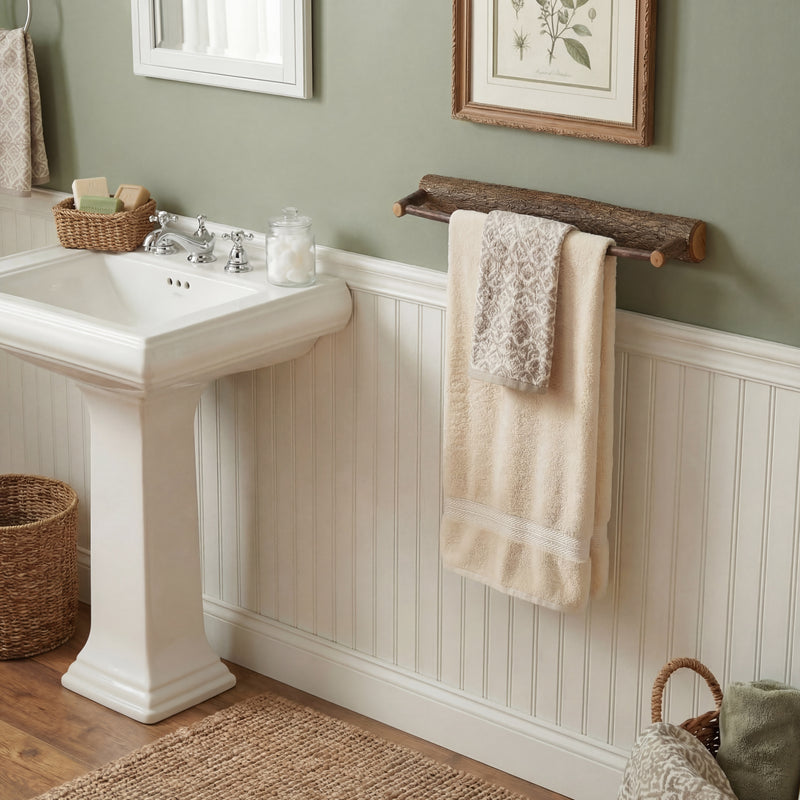 48-inch Independence Mountain Hickory Log Towel Bar above a vanity