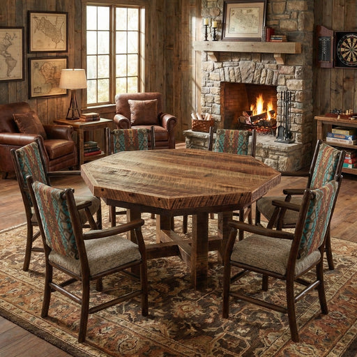 Iowa Peak Barnwood Poker Table Cover on a poker table in a rustic lodge dining room