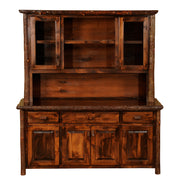 Angled view of the Iron Mountain Hickory Log Buffet and Hutch with Shelving in Natural showing the hutch shelving and base