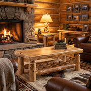 Isolation Peak cedar log rectangle coffee table staged between leather chairs in a log cabin living room