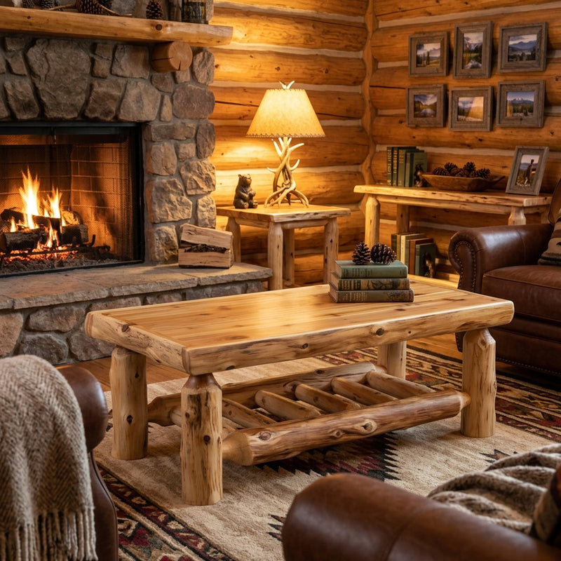 Isolation Peak cedar log rectangle coffee table staged between leather chairs in a log cabin living room
