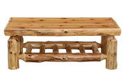 Front view of the Isolation Peak Cedar Log Rectangle Coffee Table with log legs and lower shelf