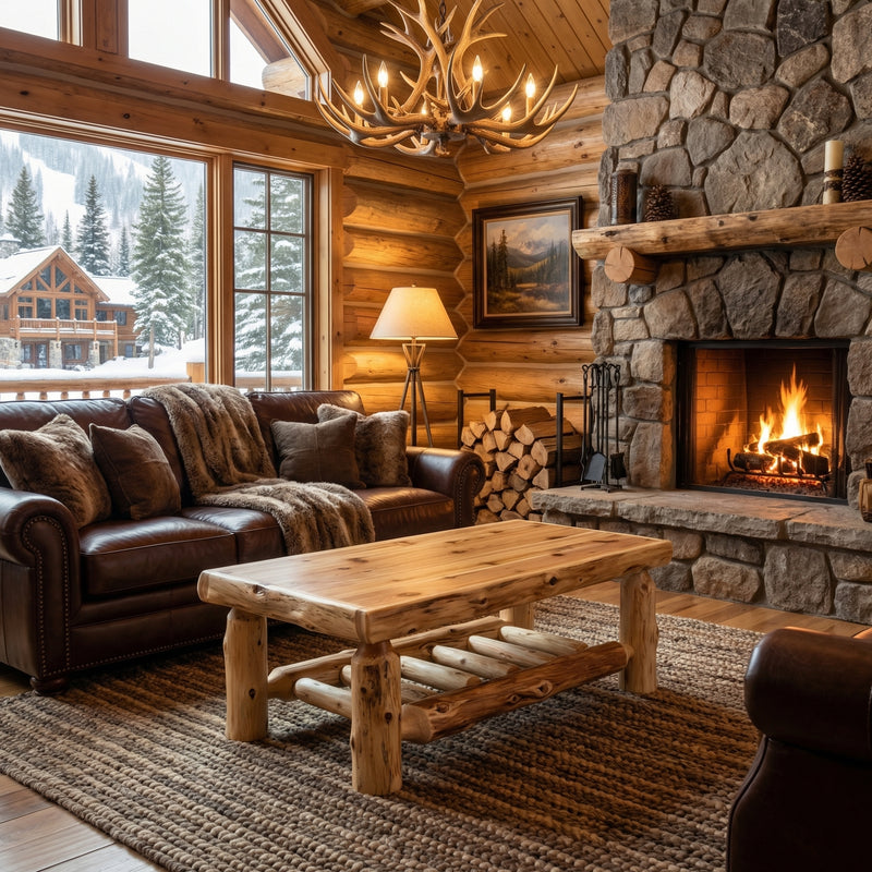 Isolation Peak Cedar Log Rectangle Coffee Table in Natural in front of a leather sofa and stone fireplace