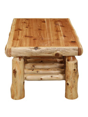 Side view of the Isolation Peak Cedar Log Rectangle Coffee Table showing the log leg joinery