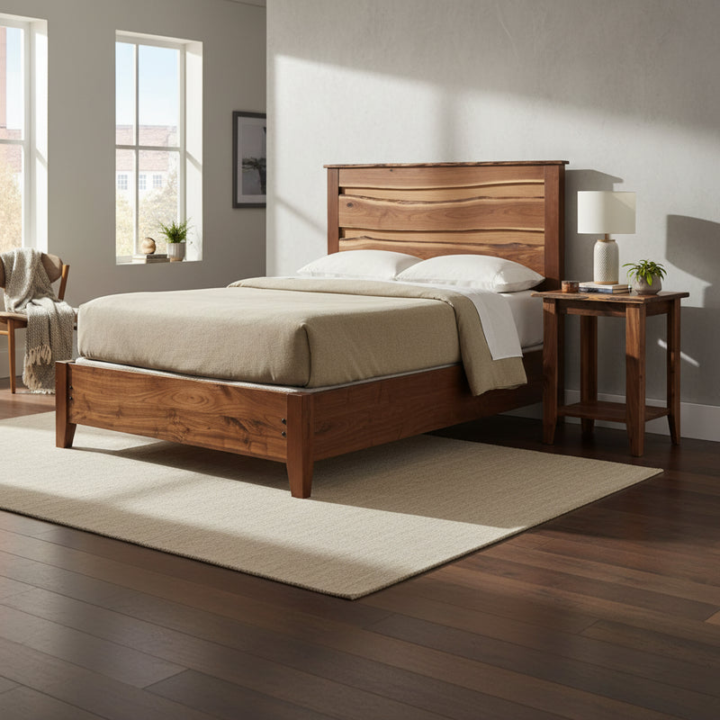 Italian Mountain Live Edge Walnut Open Nightstand beside the matching walnut bed