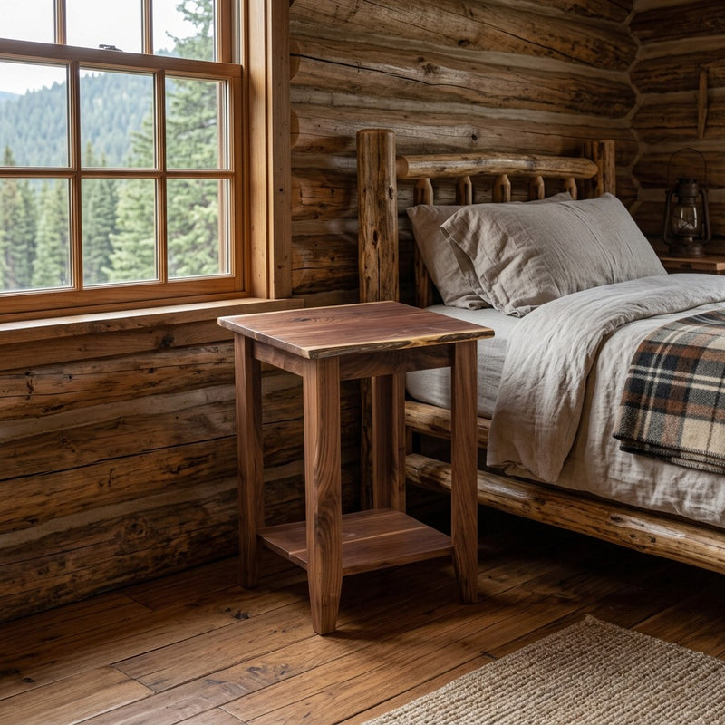 Italian Mountain Live Edge Walnut Open Nightstand staged in a sunlit log cabin bedroom