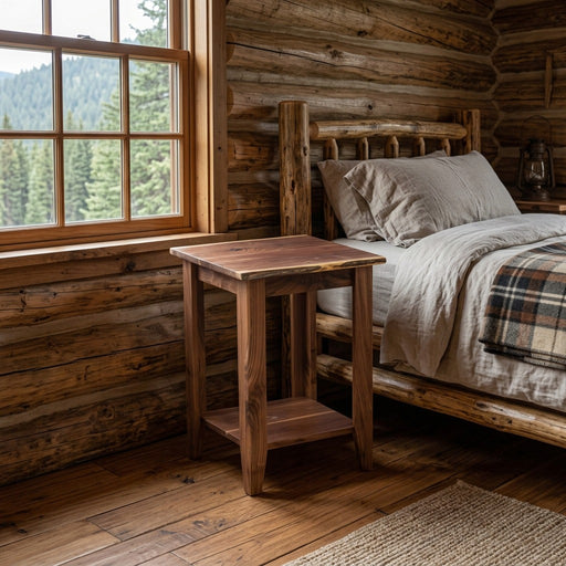 Italian Mountain Live Edge Walnut Open Nightstand staged in a sunlit log cabin bedroom
