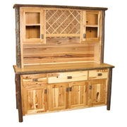 Angled view of the Jackstraw Mountain Hickory Log Buffet and Wine Rack Hutch in Natural showing the wine rack hutch and base