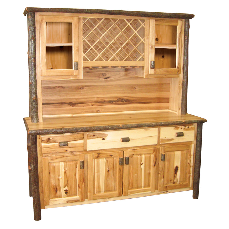 Angled view of the Jackstraw Mountain Hickory Log Buffet and Wine Rack Hutch in Natural showing the wine rack hutch and base