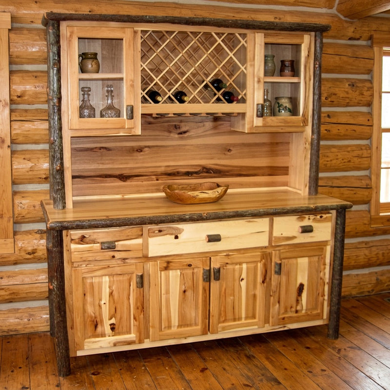 Jackstraw Mountain Hickory Log Buffet and Wine Rack Hutch in a daylit log cabin dining room