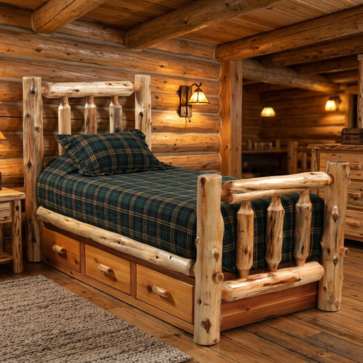 Jacque Peak Cedar Log Underbed Dresser staged beneath a cedar log bed with plaid bedding in a log cabin bedroom