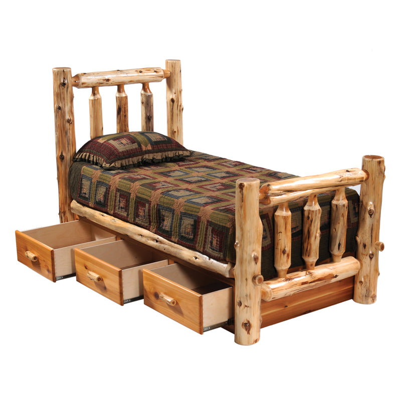 Angled view of the Jacque Peak Cedar Log Underbed Dresser with three drawers open beneath a cedar log bed
