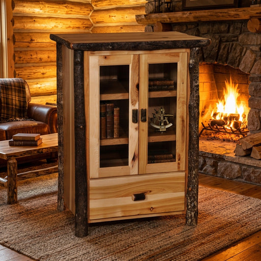 Jagged Mountain hickory log media cabinet staged beside a stone fireplace in a log cabin living room