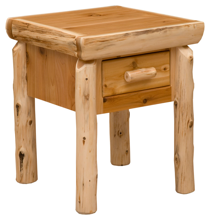 Angled view of the James Peak Cedar Log Nightstand showing the drawer and cedar log legs