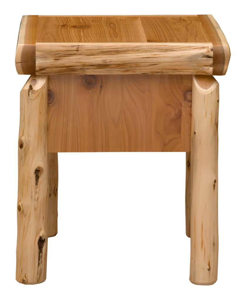 Back view of the James Peak Cedar Log Nightstand showing the cedar back panel and log posts