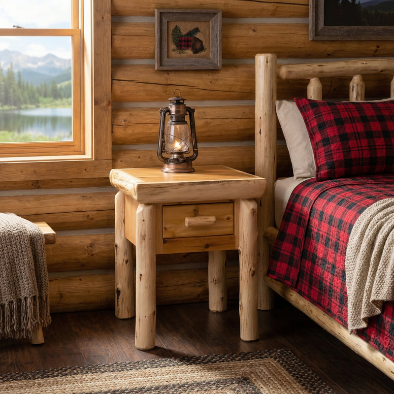 James Peak Cedar Log Nightstand with a lantern beside a bed with a red plaid blanket in a log cabin bedroom