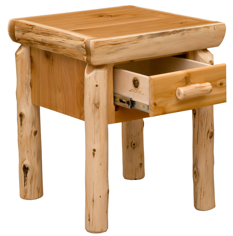 Angled view of the James Peak Cedar Log Nightstand with the drawer open on soft-close glides