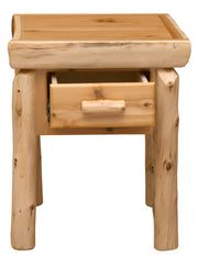 Front view of the James Peak Cedar Log Nightstand with the dovetailed drawer pulled out