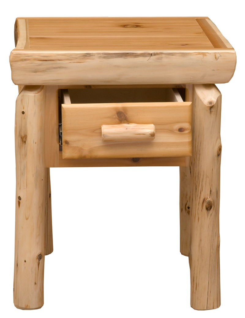 Front view of the James Peak Cedar Log Nightstand with the dovetailed drawer pulled out