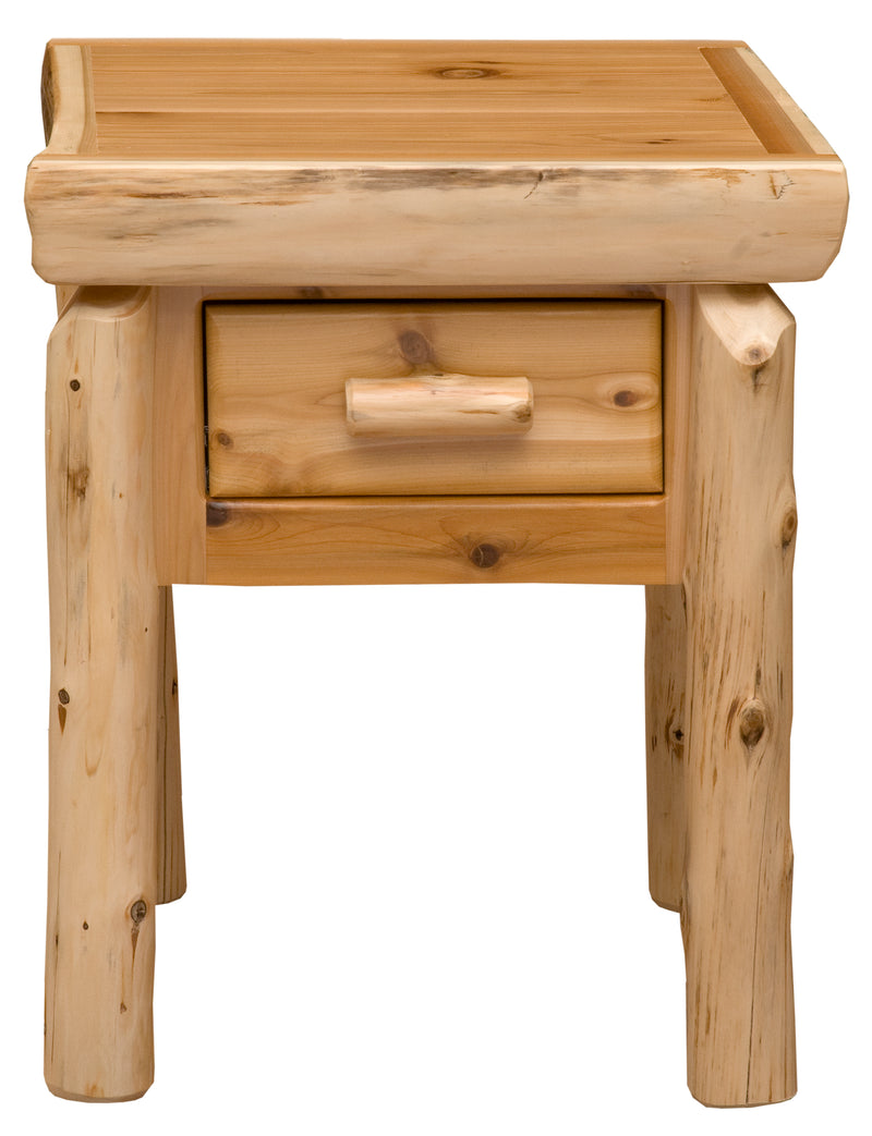 Front view of the James Peak Cedar Log Nightstand with its cedar log drawer pull