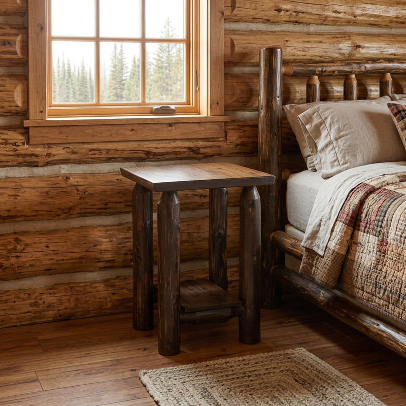 Jasper Peak Cedar Log Open Nightstand staged in a sunlit log cabin bedroom