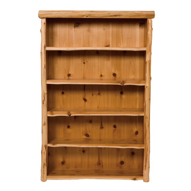 Angled view of the Jones Mountain Cedar Log Library Bookcase