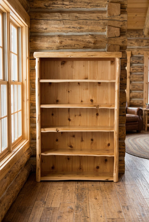 Jones Mountain Cedar Log Library Bookcase staged in a sunlit log cabin living room