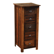 Angled view of the Kelso Mountain Reclaimed Barnwood Lingerie Chest showing five drawers in weathered reclaimed oak