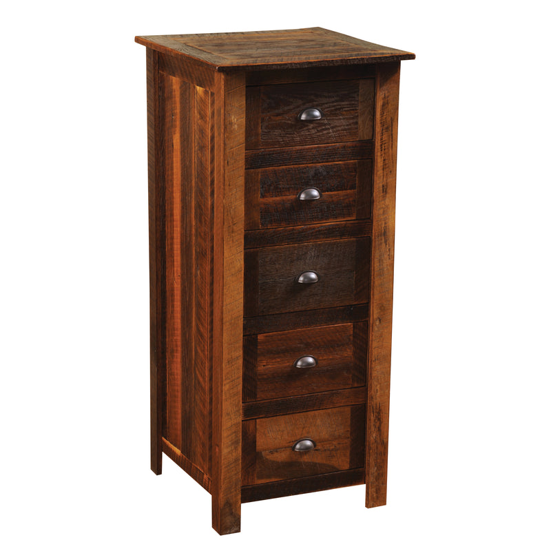 Angled view of the Kelso Mountain Reclaimed Barnwood Lingerie Chest showing five drawers in weathered reclaimed oak