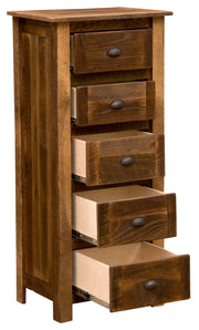 Angled view of the Kelso Mountain Reclaimed Barnwood Lingerie Chest with all five drawers open