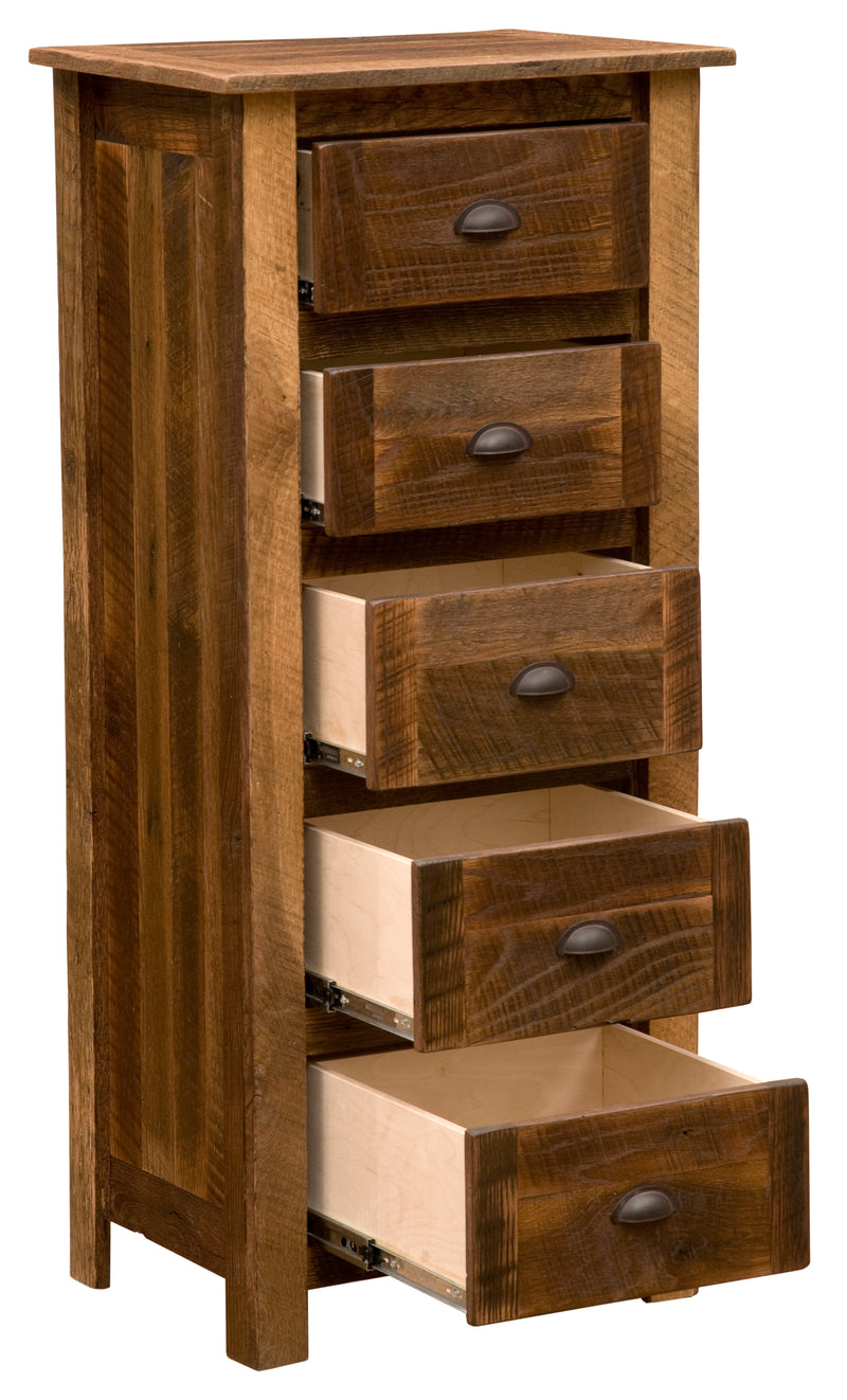 Angled view of the Kelso Mountain Reclaimed Barnwood Lingerie Chest with all five drawers open