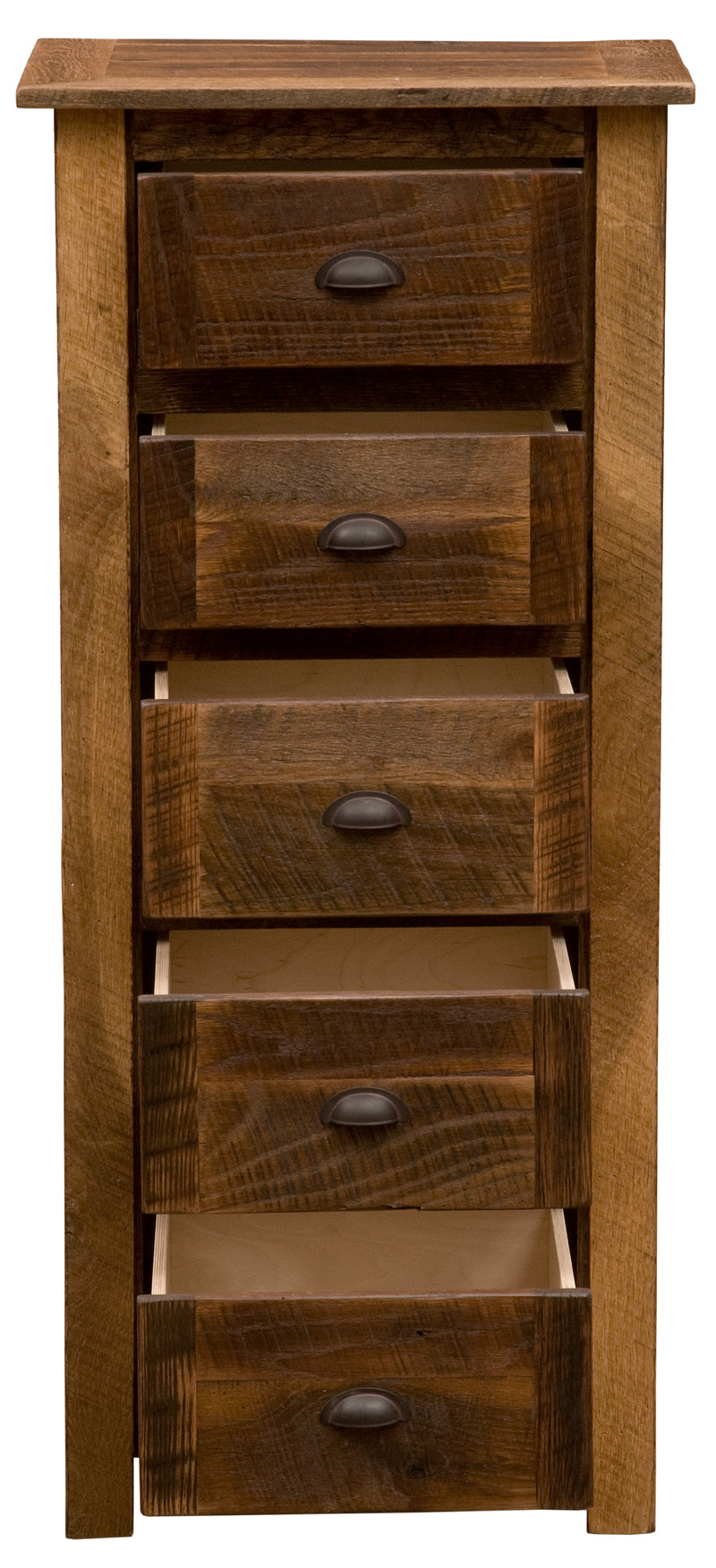 Front view of the Kelso Mountain Reclaimed Barnwood Lingerie Chest with drawers pulled out