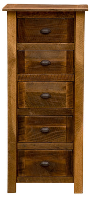 Front view of the tall, narrow Kelso Mountain Reclaimed Barnwood Lingerie Chest with dark cup pulls