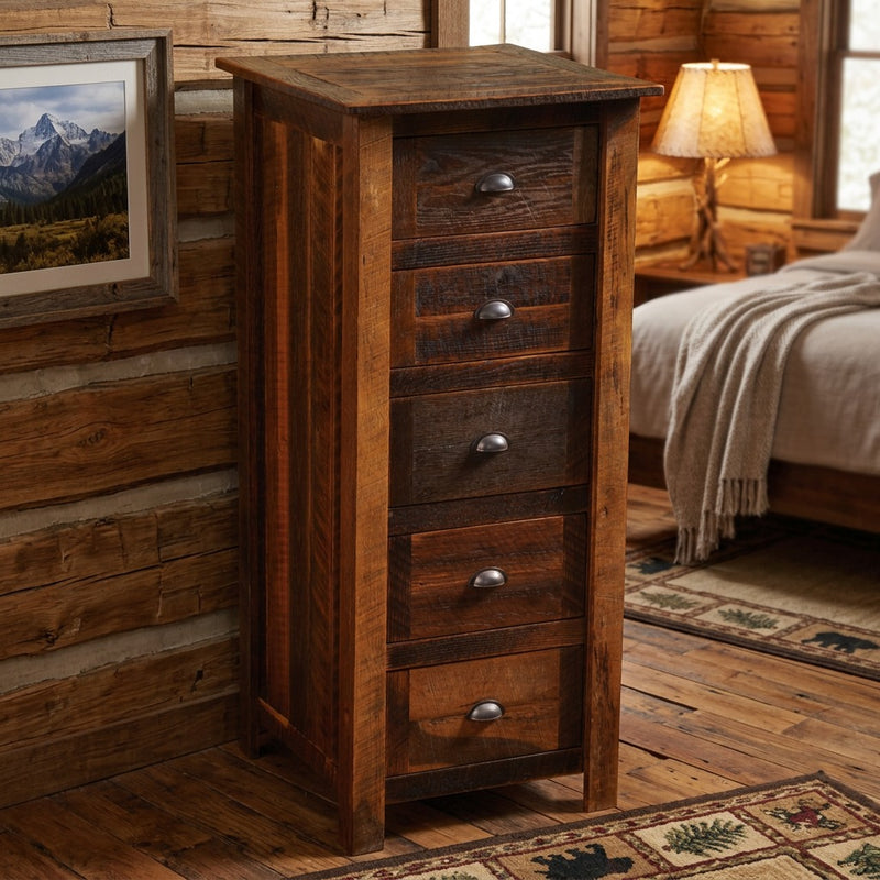 Kelso Mountain Reclaimed Barnwood Lingerie Chest beside a framed mountain print in a lamp-lit log cabin bedroom