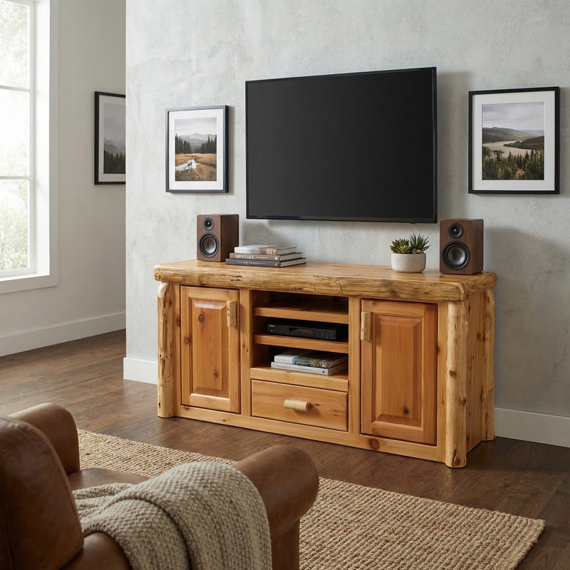 Kendall Mountain Cedar Log Entertainment Center in a rustic cabin living room