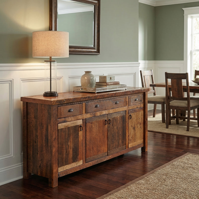 Kenosha Peak Reclaimed Barnwood Long Buffet with an Artisan Top in a bright dining room