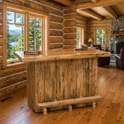 Kingston Peak Cedar Log Bar staged in a sunlit log cabin game room