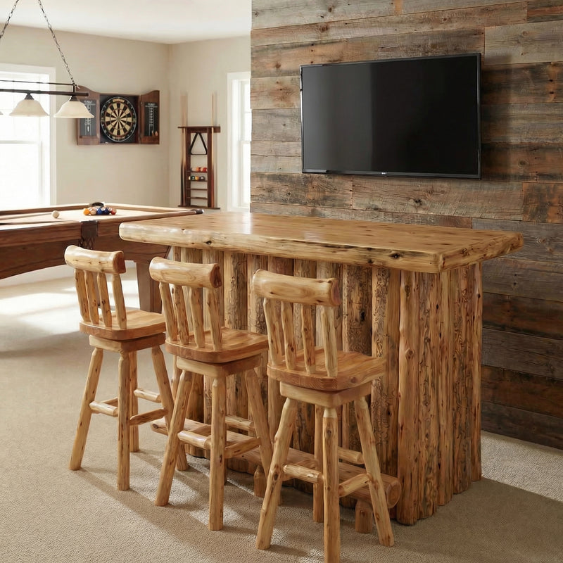Kingston Peak Cedar Log Bar in a bright cabin game room