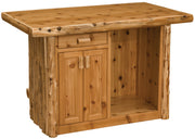 Server side of the Kingston Peak Cedar Log Bar showing storage and the refrigerator opening