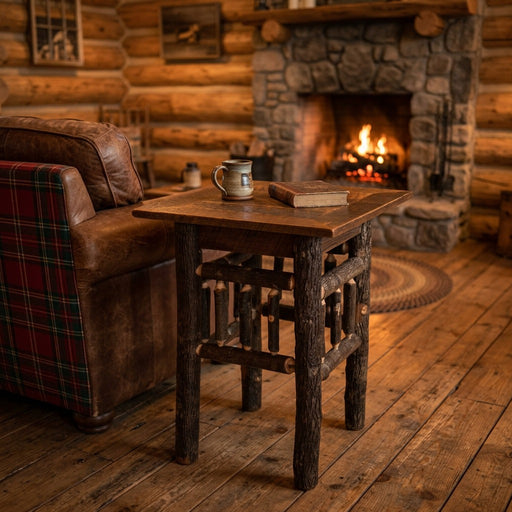 Kiowa Peak barnwood and hickory open end table staged beside a leather armchair in a log cabin living room