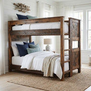 Kit Carson Peak Barnwood Bunk Bed with white and navy bedding in a bright farmhouse bedroom with a jute rug